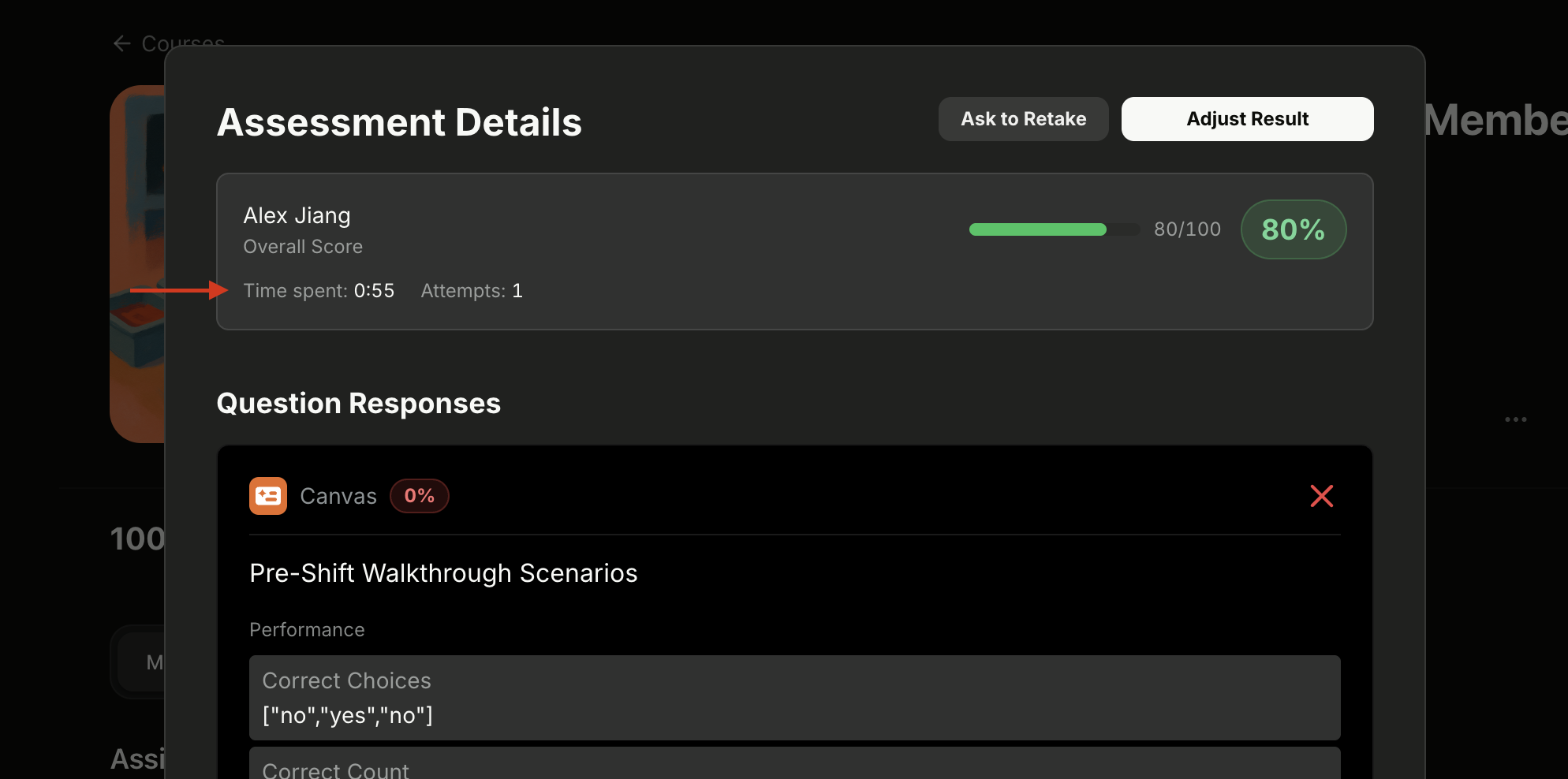Assessment Details for a learner showing Time spent and Attempts below the overall score