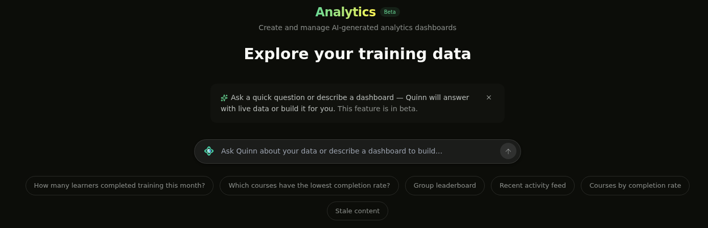 Analytics page with the Ask Quinn bar and suggested prompts