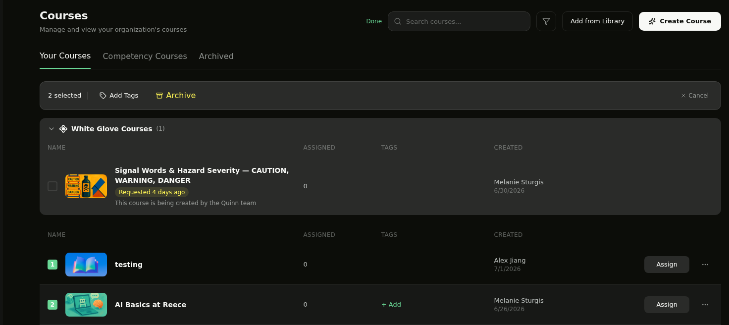 Selection mode with two courses selected and the bulk action bar showing Add Tags, Archive, and Cancel