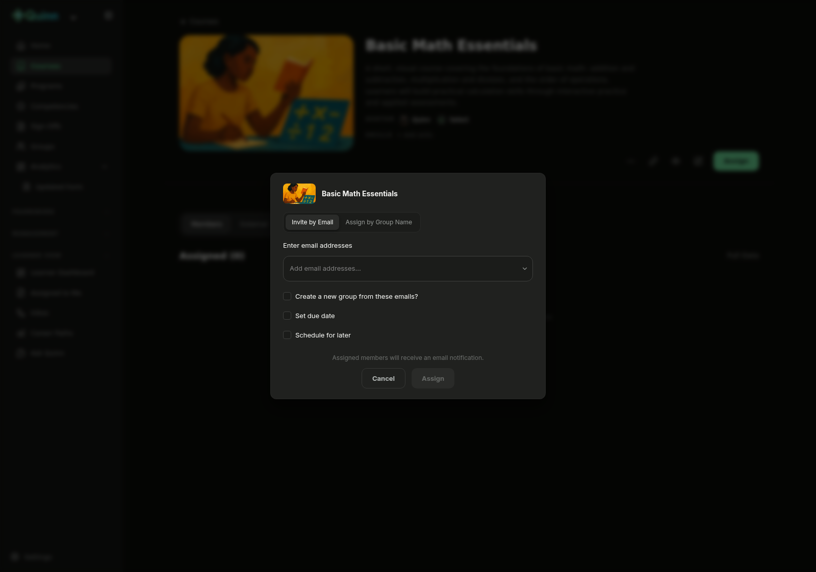 Assign modal showing the Schedule for later checkbox