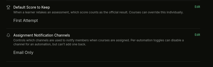 Assignment Notification Channels setting showing the current value and Edit button
