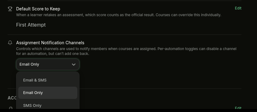 Dropdown showing the three notification channel options: Email & SMS, Email Only, and SMS Only