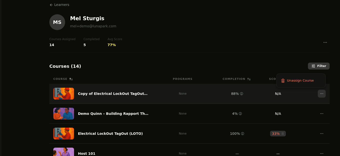 Three-dot menu expanded showing the Unassign Course option