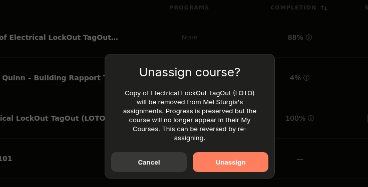 Confirmation modal asking to confirm the course unassignment