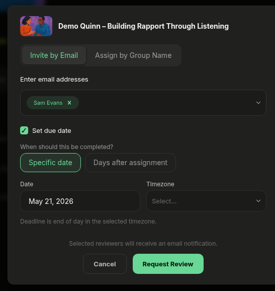 Request Review modal with reviewer selected, due date enabled, and Request Review button