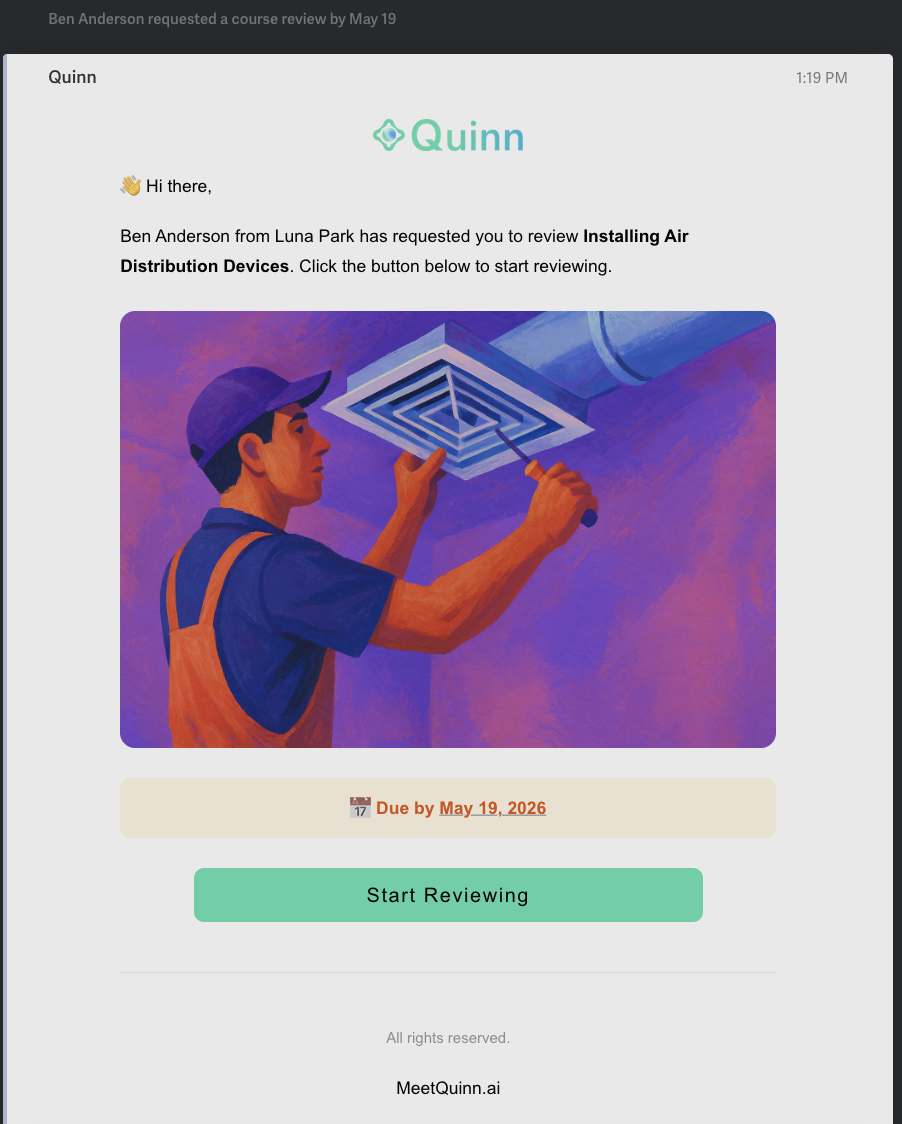Quinn email notification showing review request with course image, due date, and Start Reviewing button