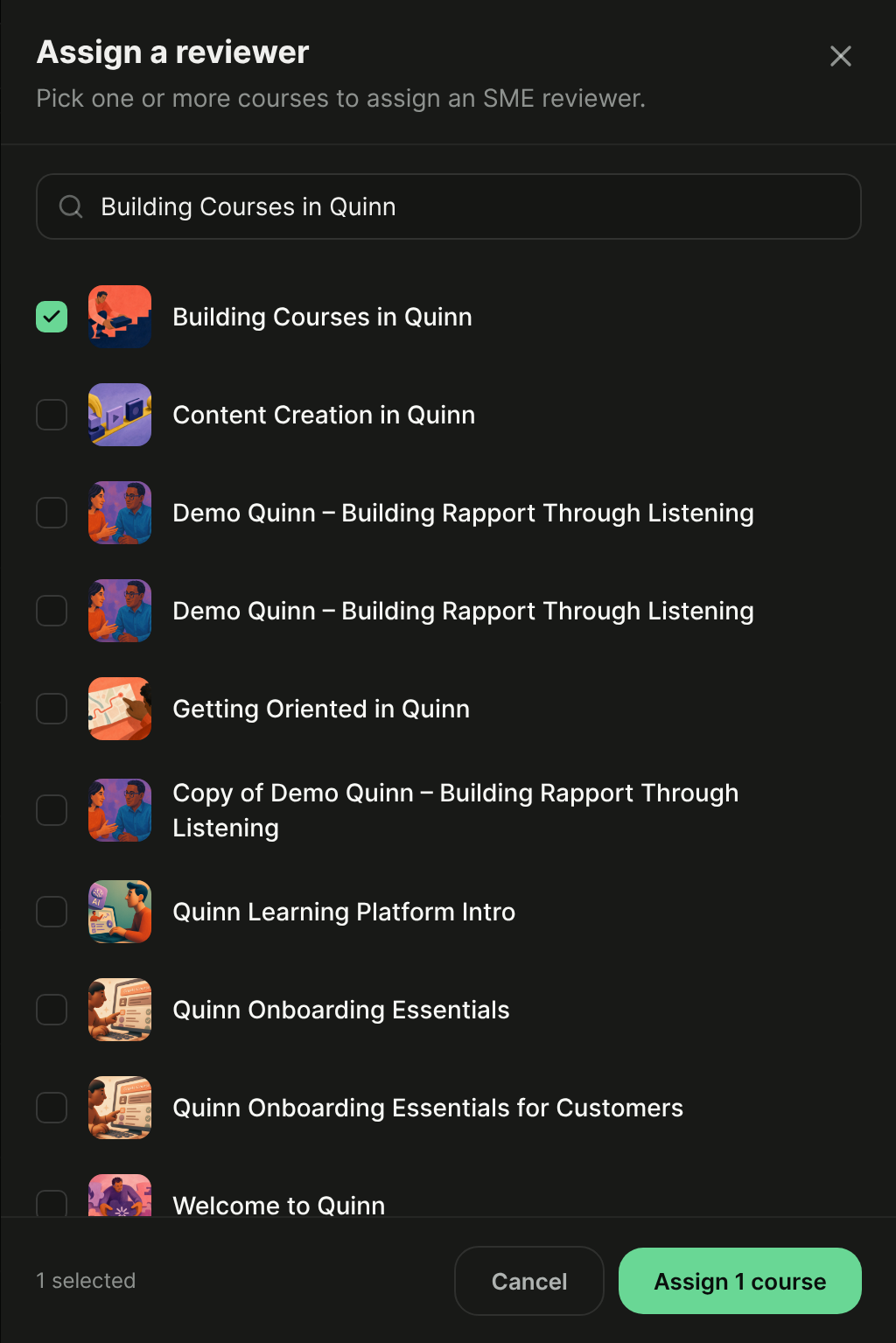 Assign a reviewer panel with a course selected and the Assign 1 course button