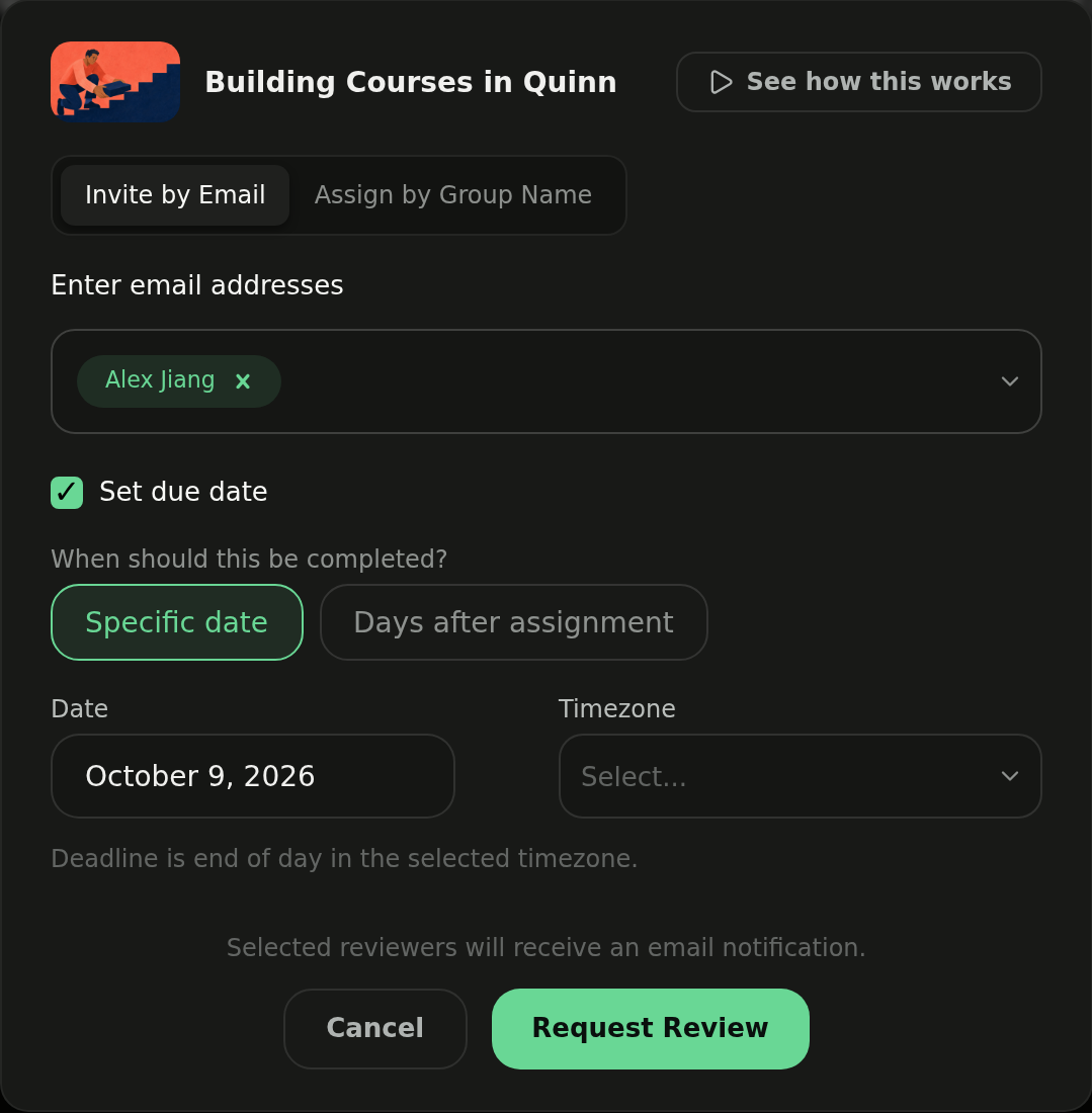 Request Review modal opened from the dashboard with a reviewer selected and a due date set