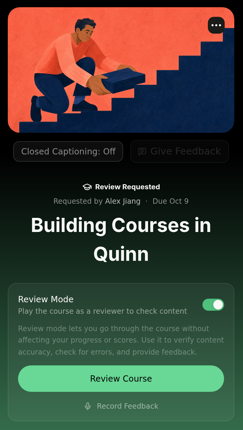Course detail for a review request showing Review Mode enabled and the Review Course button