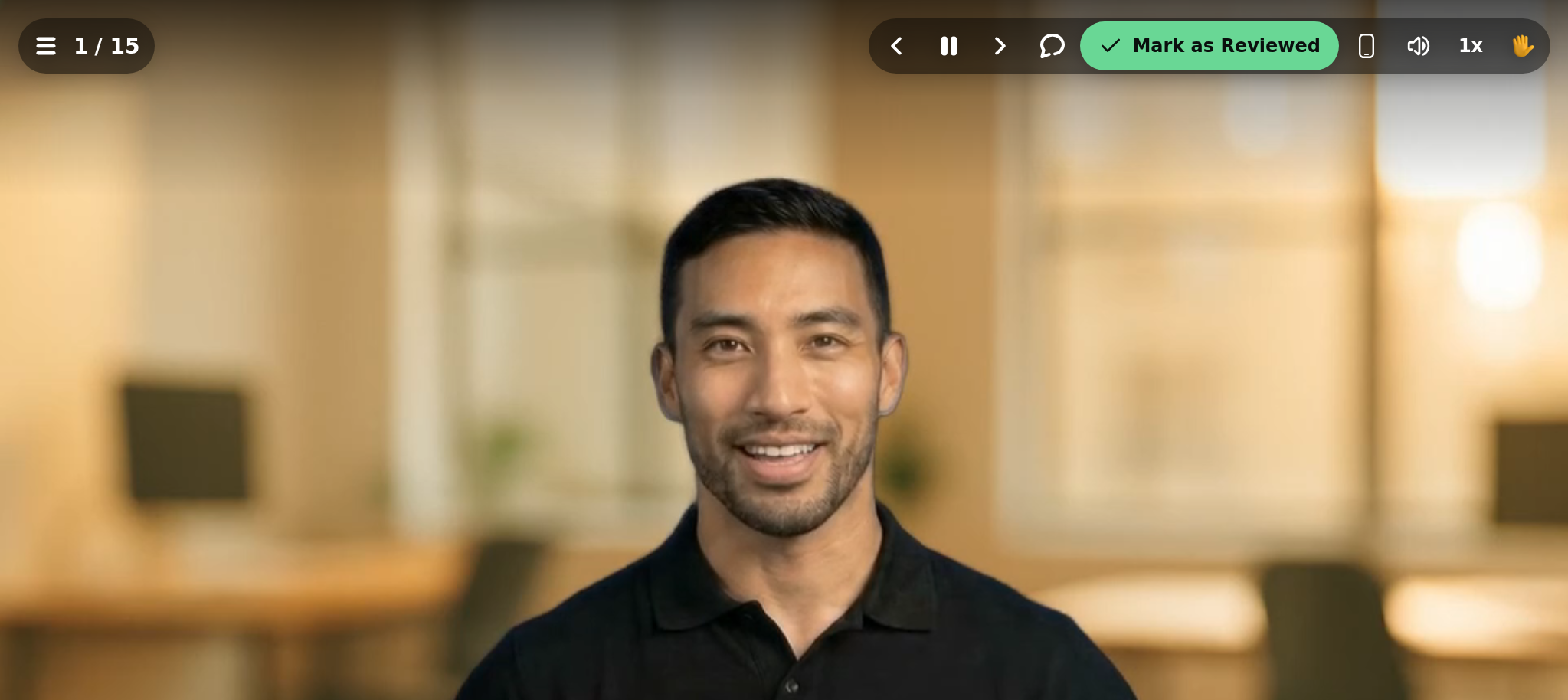 Course player in Review Mode with the Mark as Reviewed button in the control bar
