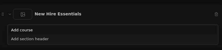 Insert menu inside a track showing Add course and Add section header