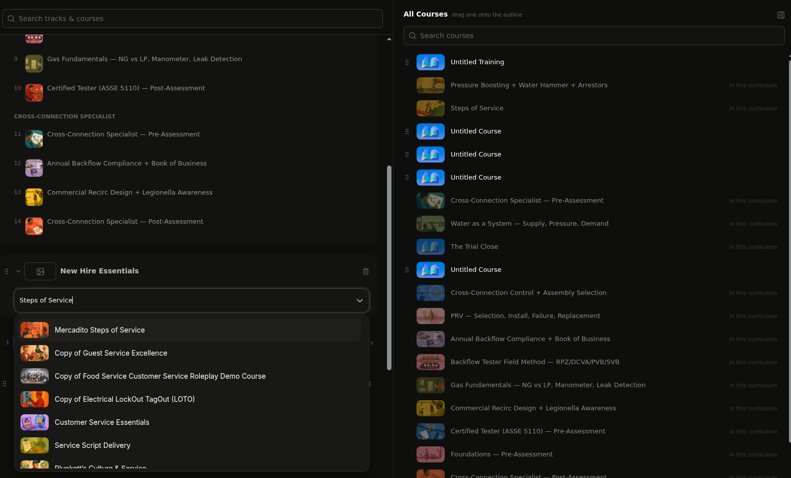 Outline editor with the course picker open on the left and the All Courses panel on the right ready to drag a course in
