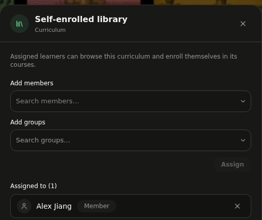 Self-enrolled library dialog with Add members, Add groups, and the assigned learner list