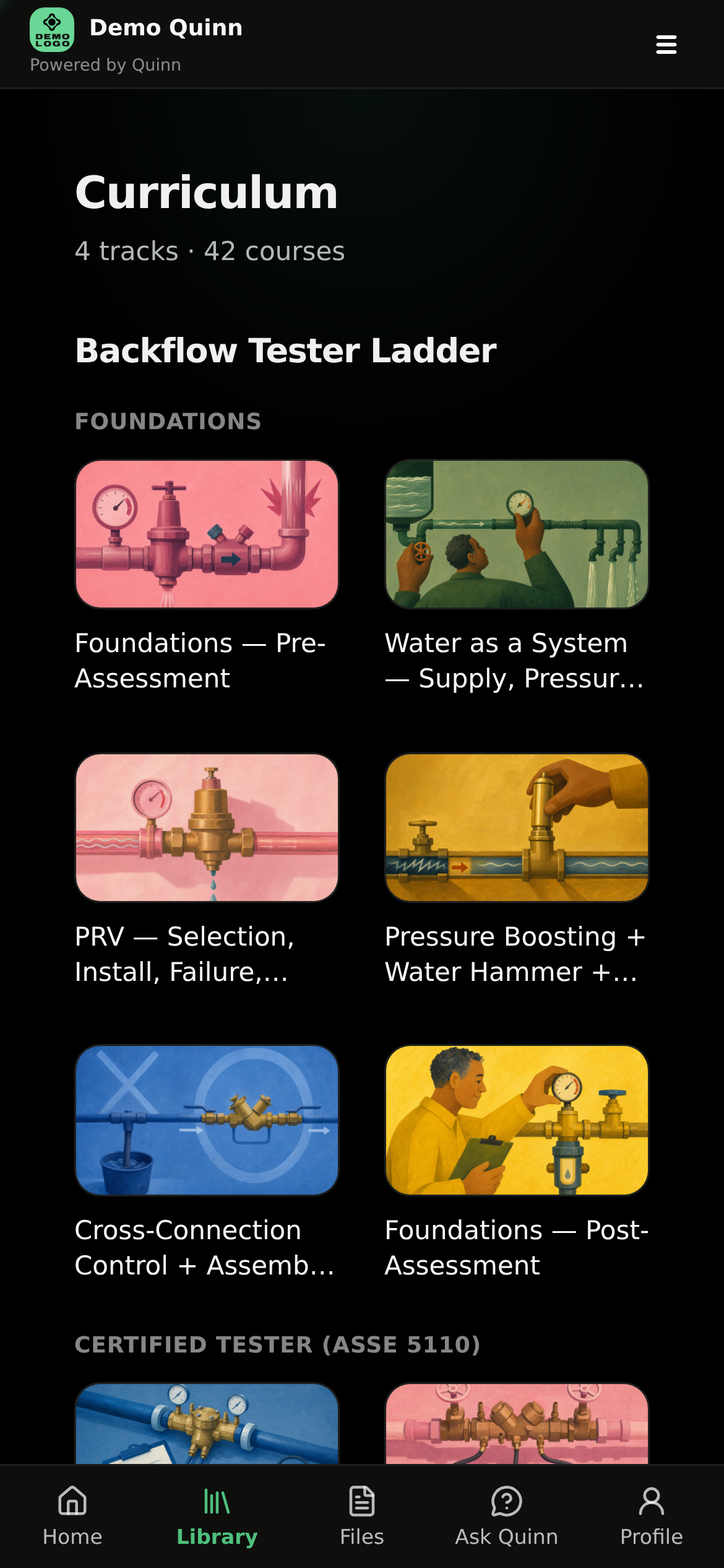 Learner Library on a phone showing curriculum tracks, course cards, and the bottom navigation with Library selected