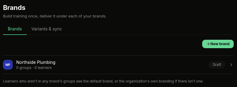 Brands page in Settings listing existing brands and the New brand button