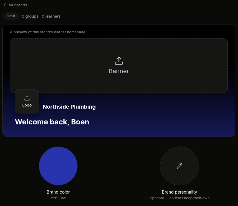 Brand editor showing the learner homepage preview, banner and logo uploads, and brand color