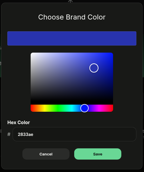 Choose Brand Color dialog with a hex value entered