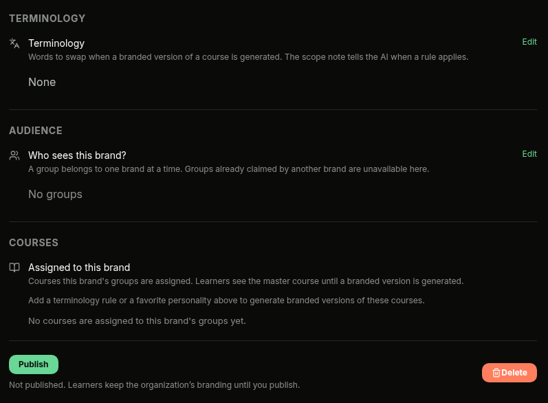 Terminology, Audience, Courses sections and the Publish button