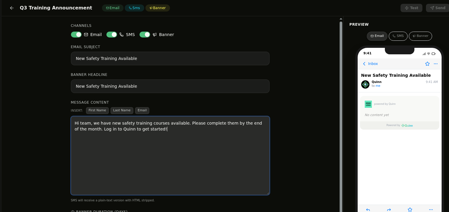 Campaign editor with message content and email preview