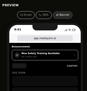 Banner preview showing the Announcements section on the learner dashboard