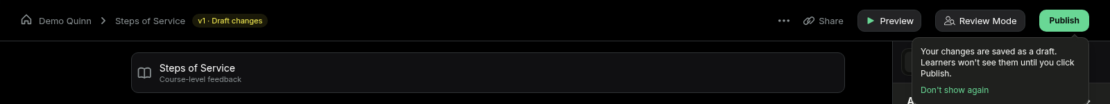 Course editor header showing the v1 Draft changes badge, the Publish button, and the draft reminder