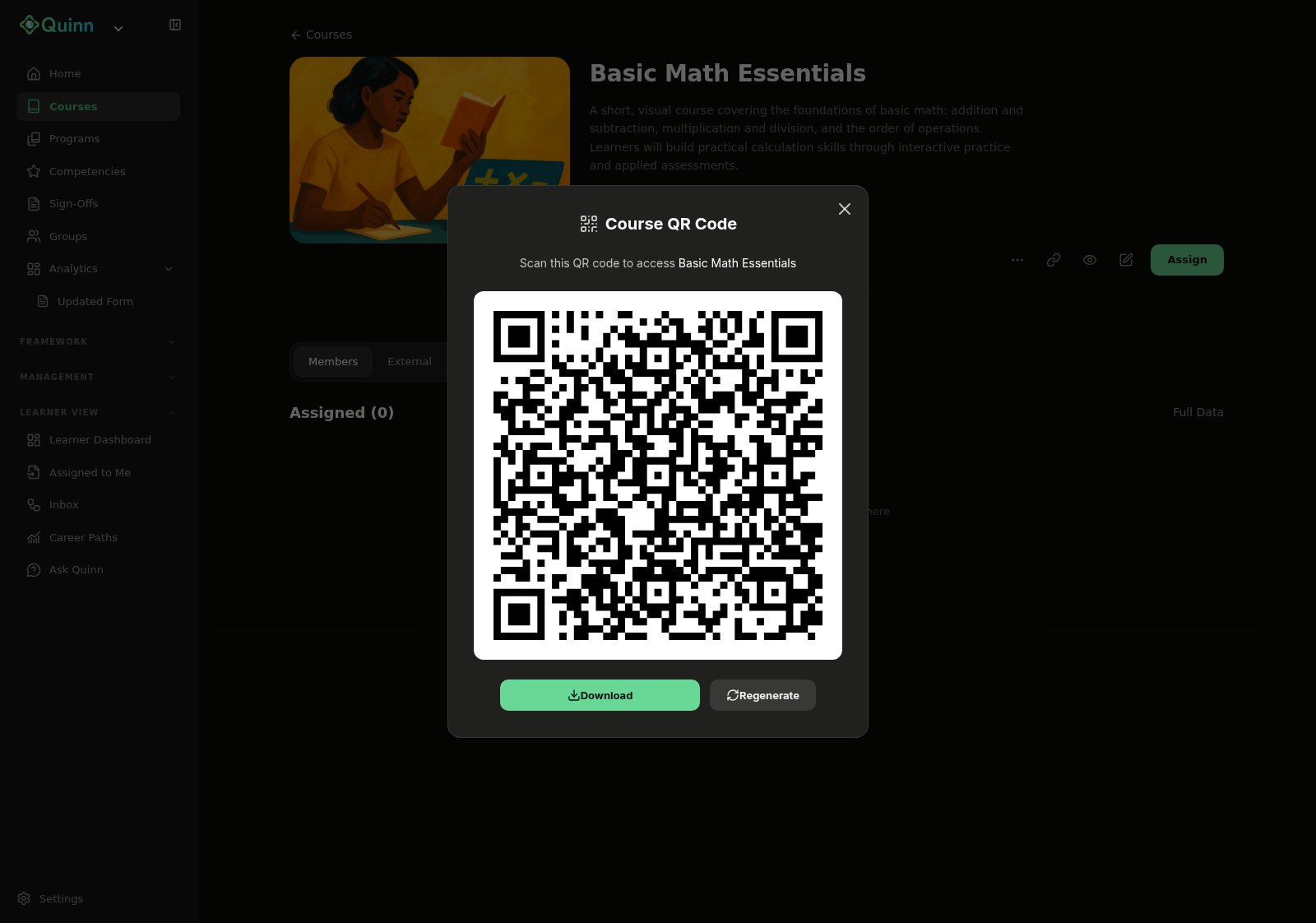 QR Code modal showing the course QR code with Download and Regenerate buttons