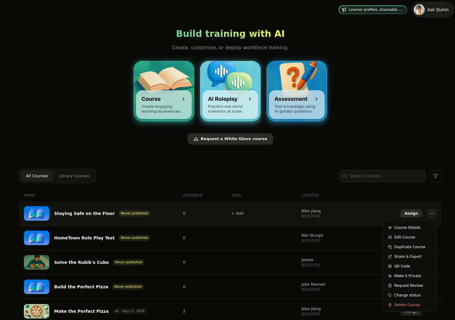 Admin course library with a course options menu open