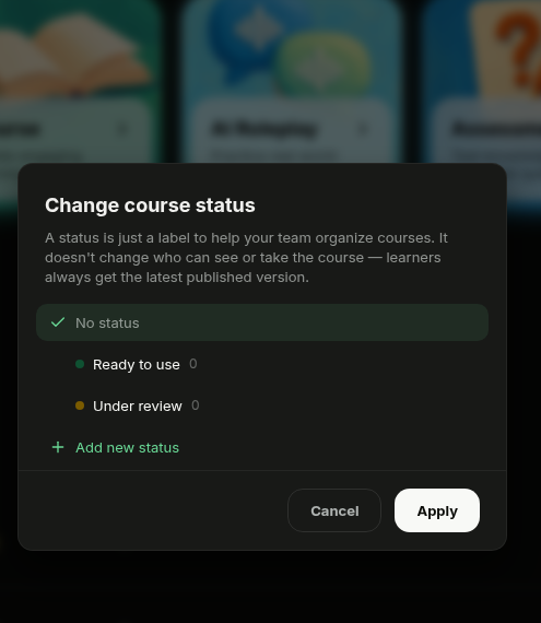 Change course status dialog showing available status labels