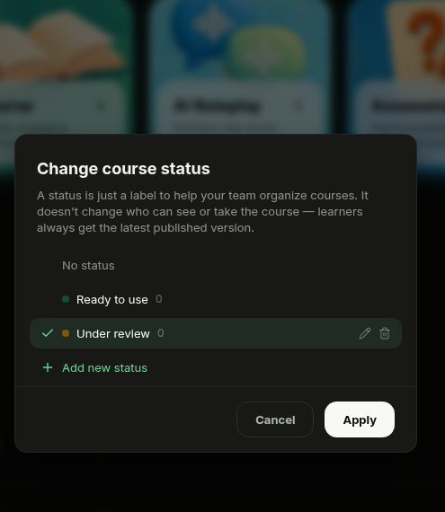 Under review selected in the Change course status dialog