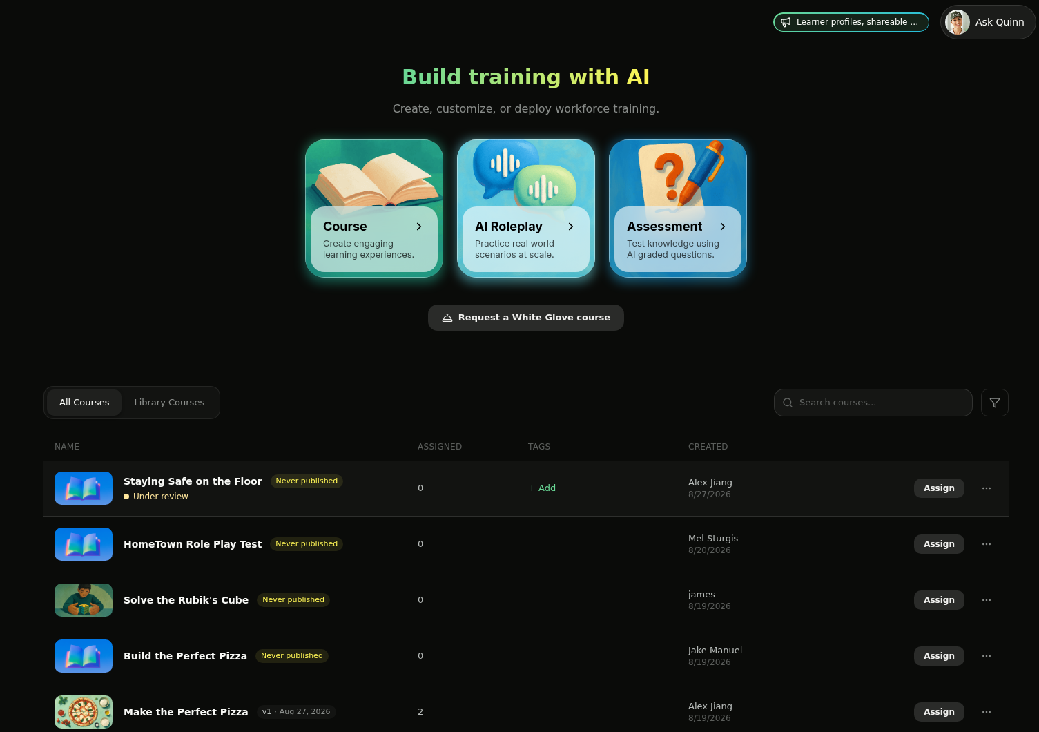 Course library showing colored status pills beside course names