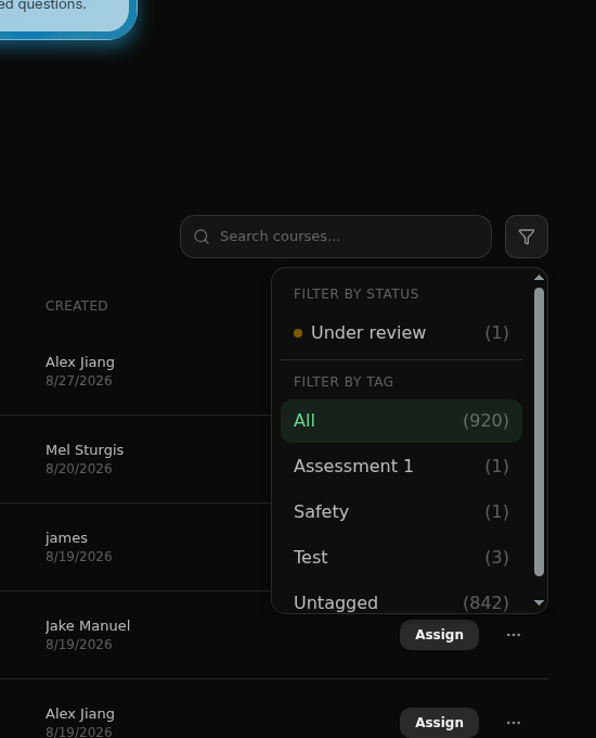 Course library filter menu showing Under review selected