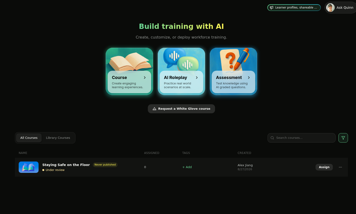 Filtered course library showing one course under review