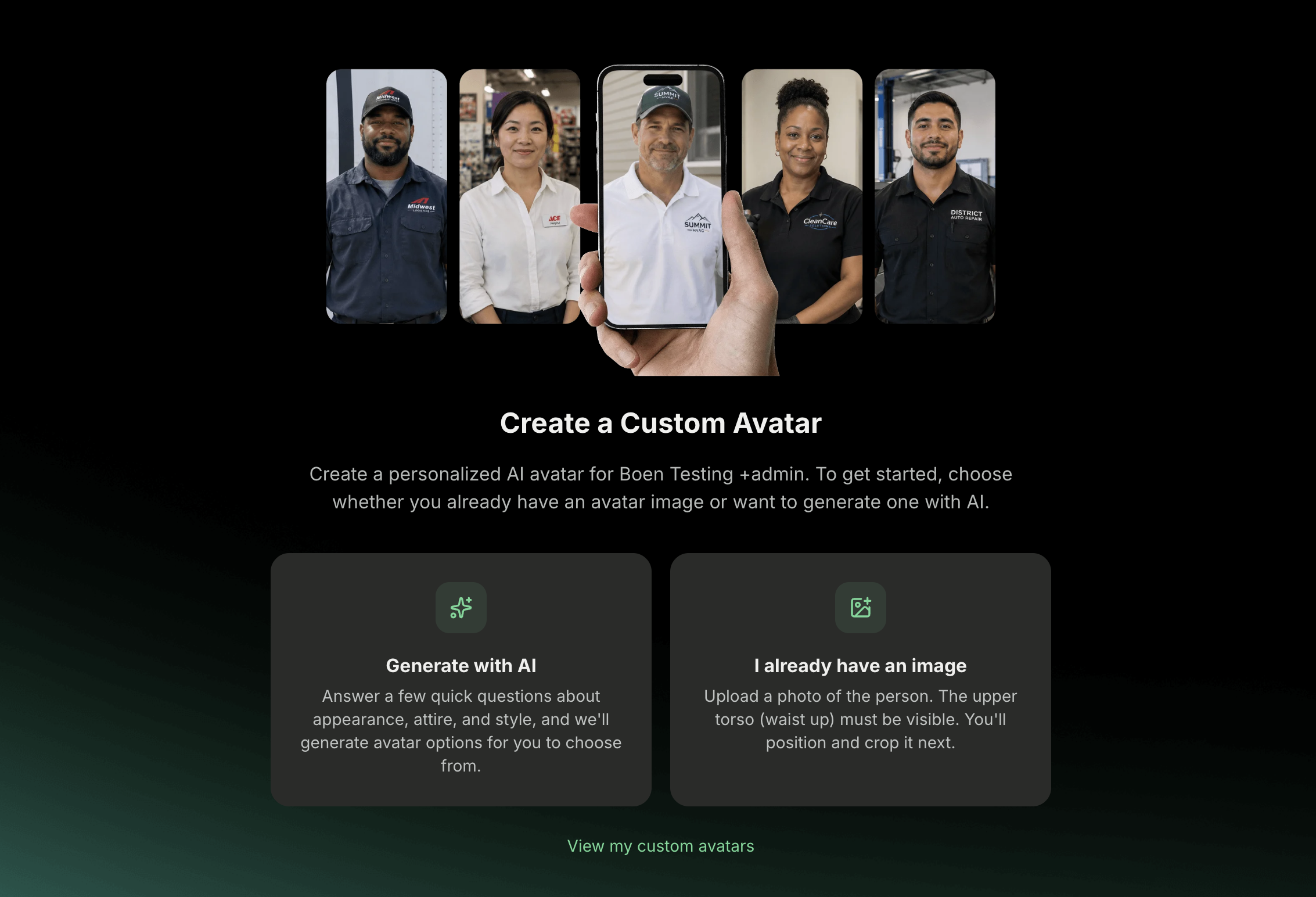 Create a Custom Avatar screen with Generate with AI and I already have an image options