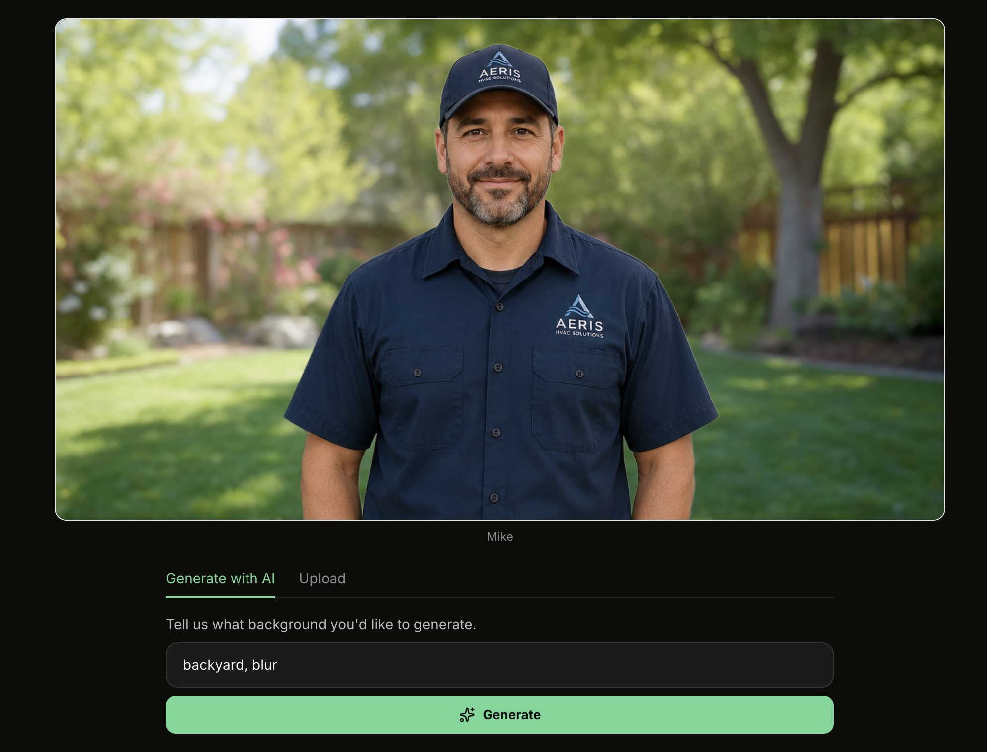 Background step showing the avatar preview with a Generate with AI text box and a Generate button