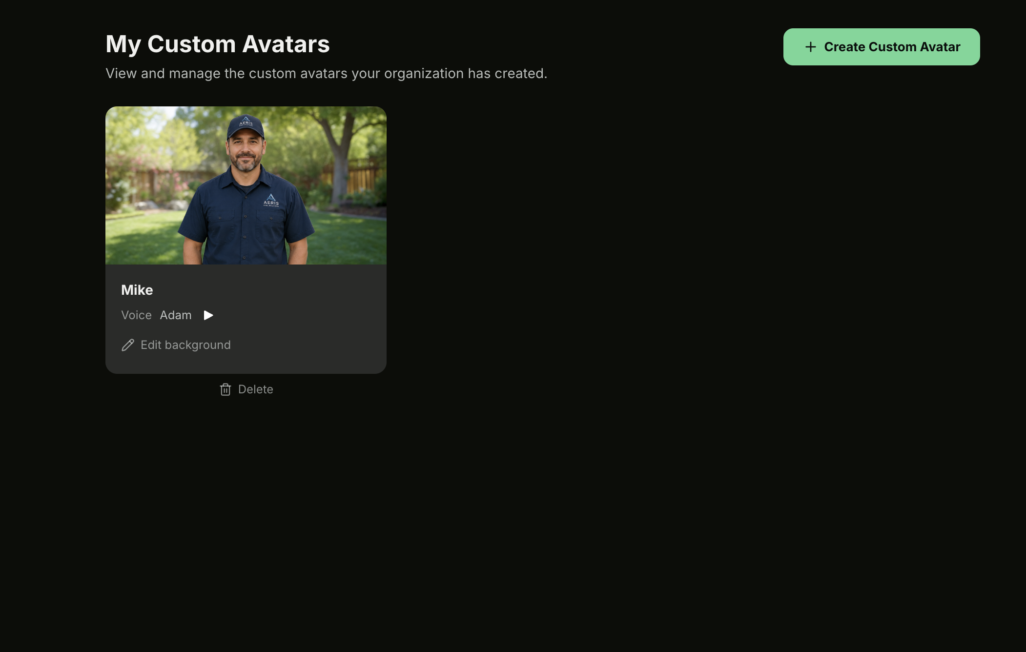 My Custom Avatars page showing a saved avatar card with its voice, Edit background, and Delete controls