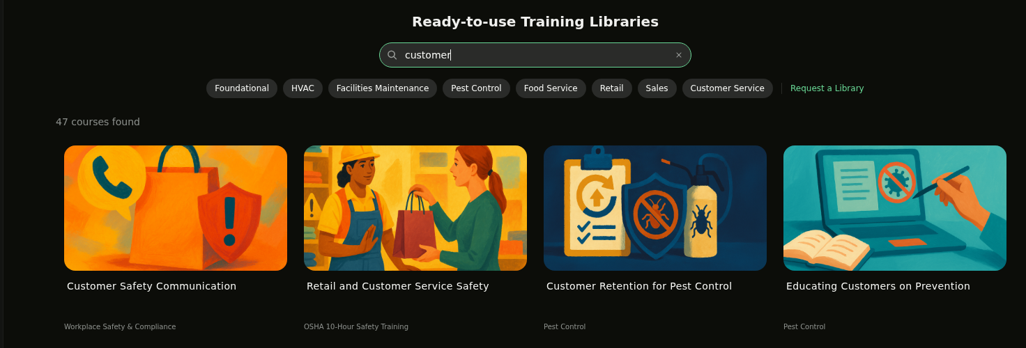 Search results for "customer" showing courses found across multiple libraries with library labels on each card