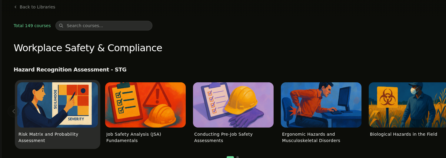 Library detail page for Workplace Safety & Compliance showing search bar and course listing