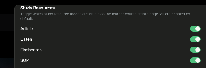 Study Resources section showing four toggles for Article, Listen, Flashcards, and SOP — all enabled