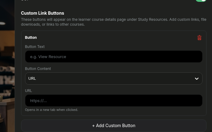 Custom Link Buttons section with form fields for Button Text, Button Content dropdown set to URL, and URL input field, plus an Add Custom Button button