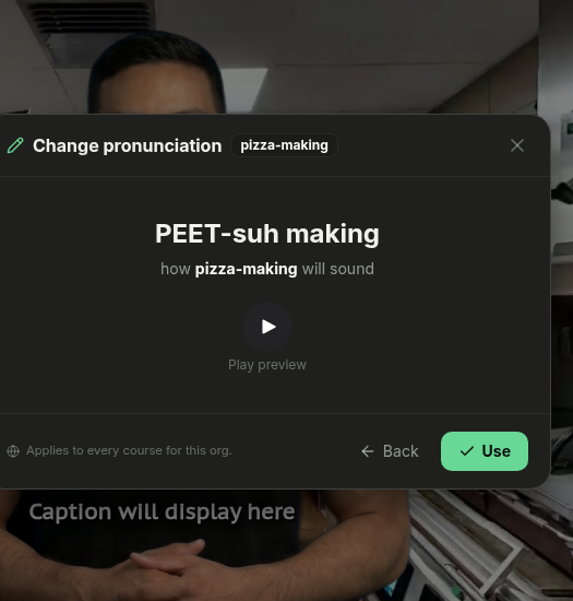 Pronunciation preview with Play preview and Use controls