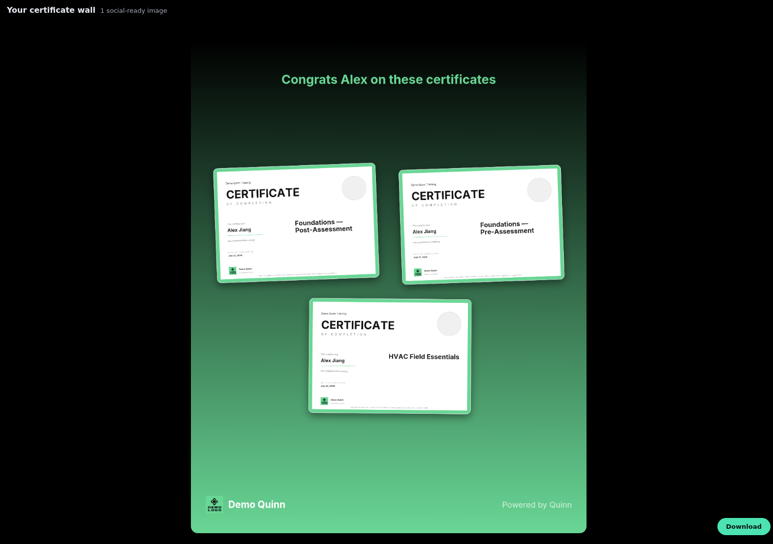 Your certificate wall showing three certificates in a branded social image