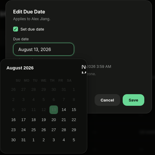 Calendar picker open under the Due date field with the current due date highlighted
