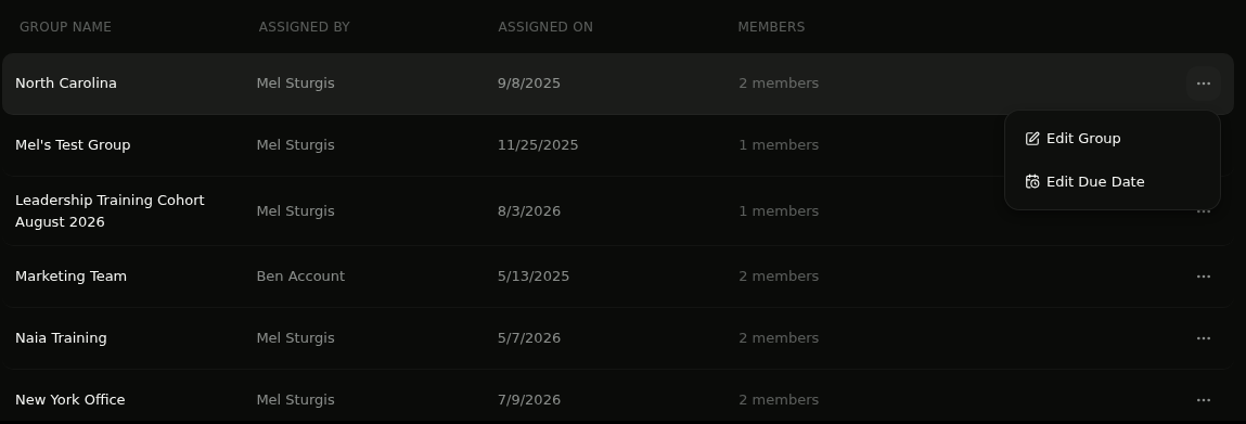 Program groups list with the group actions menu open showing Edit Group and Edit Due Date