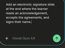 Course editor Agent panel with an electronic signature request typed in the composer