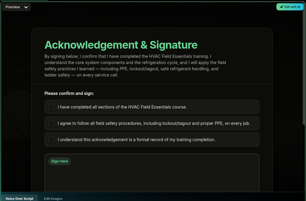 Generated Acknowledgement and Signature slide with agreement checkboxes and a Sign Here field