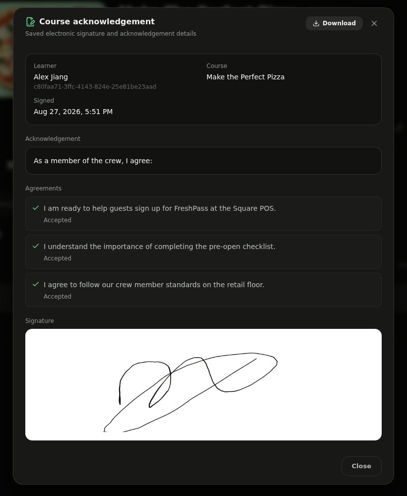 Course acknowledgement dialog with agreement details, signature, and Download button
