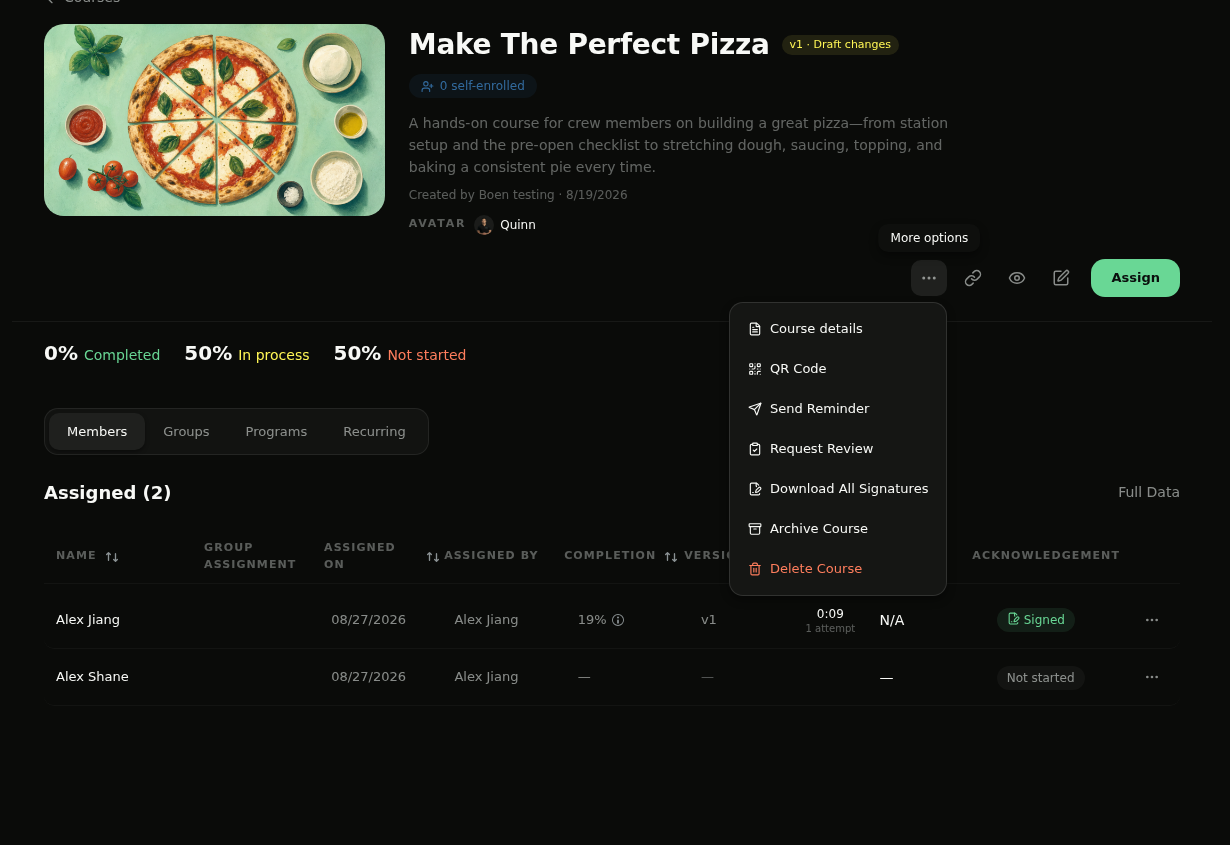 Course action menu with Download All Signatures