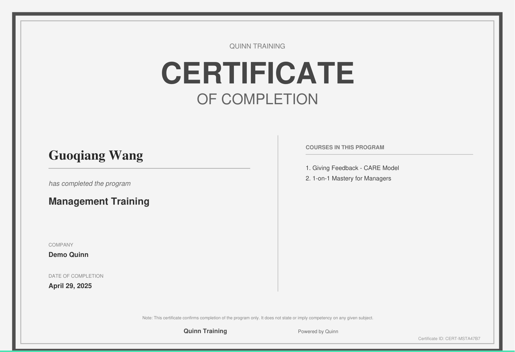 Program certificate of completion showing the learner name, program, company, completion date, and course list