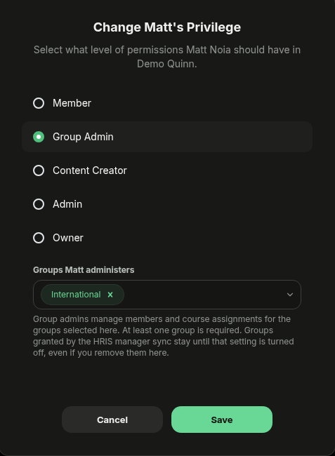 Change Privilege dialog with Group Admin selected and a group chosen under Groups administers