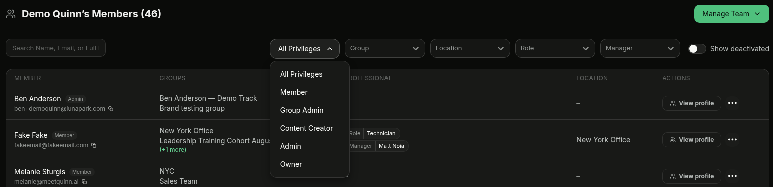 Members list privilege filter open with Group Admin among the options